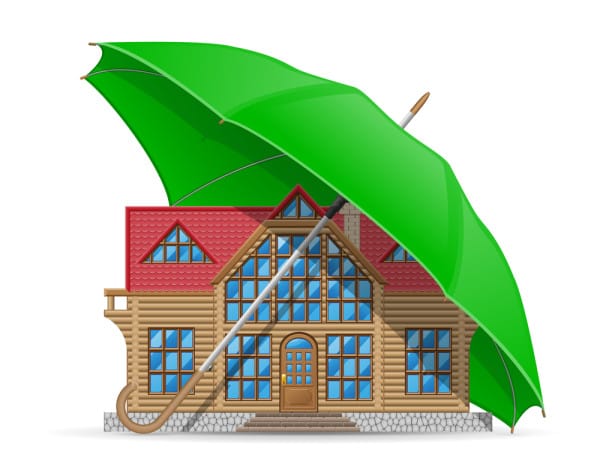 Digital illustration of an umbrella covering a home to represent weatherproofing your home.