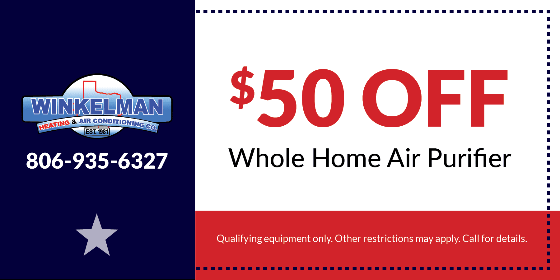 Winkelman Heating & Air Conditioning HVAC coupon for $50 off a whole home air purifier.